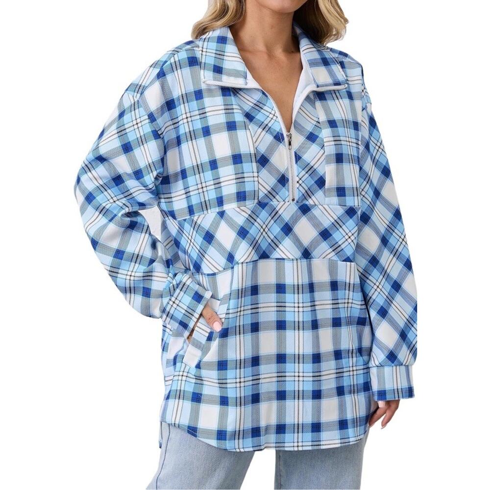 Oversized Plaid Shirts Women Collared Half Zip Pullover Casual Blouse Large AA2
